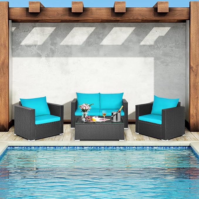 COSTWAY 4-Piece Patio Rattan Furniture Set, Cushioned Sofa Chair, Loveseat and Coffee Table with Tempered Glass Top, Outdoor Conversation Sets for Garden Poolside Balcony Porch (Turquoise)