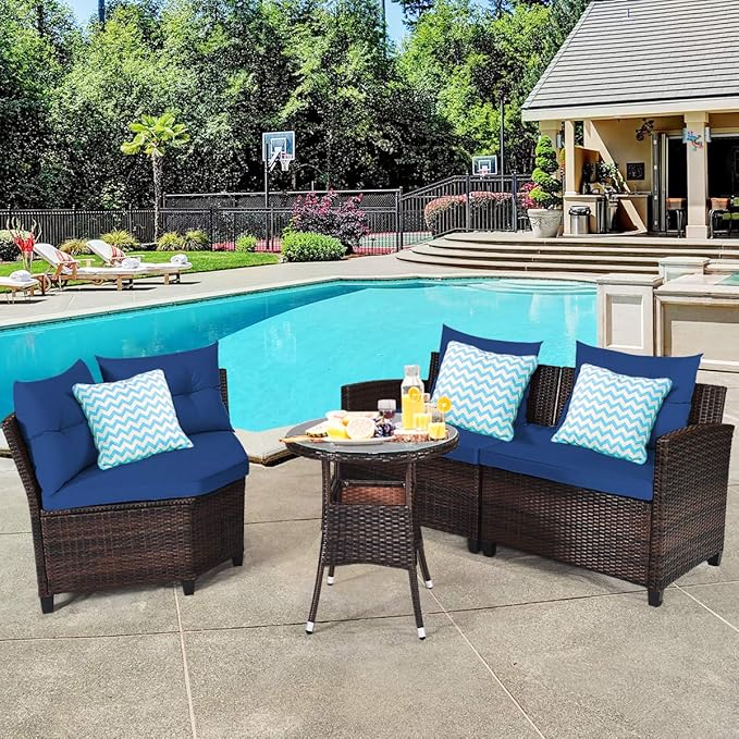 Tangkula 4-Piece C Shape Patio Furniture Set, Outdoor Corner Wicker Rattan Sectional Cushioned Sofa Set, with Glass Coffee Table, for Garden Poolside Balcony (Navy Blue)
