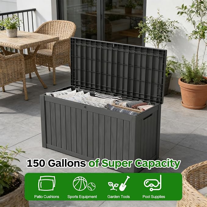 FEFLO 150 Gallon Waterproof Resin Deck Box, Heavy-Duty Outdoor Storage Box | Lockable Lid & UV-Resistant Patio Storage Chest for Garden Tools, Pool Accessories, Package Delivery, Toys, Furniture