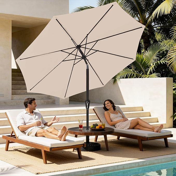 MEWAY 10ft Patio Umbrella Outdoor Table Umbrellas with Push Button Tilt and Crank, Market Umbrella 8 Sturdy Ribs for Deck, Garden, Pool and Backyard, Beige
