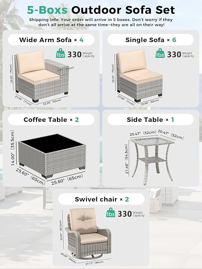 15 Piece Outdoor Wicker Rattan Sectional Sofa Set with Swivel Chairs, 12-Seats with 4" Thickened Cushions & Coffee Table, All-Weather PE Rattan for Garden, Backyard, Porch, Beige