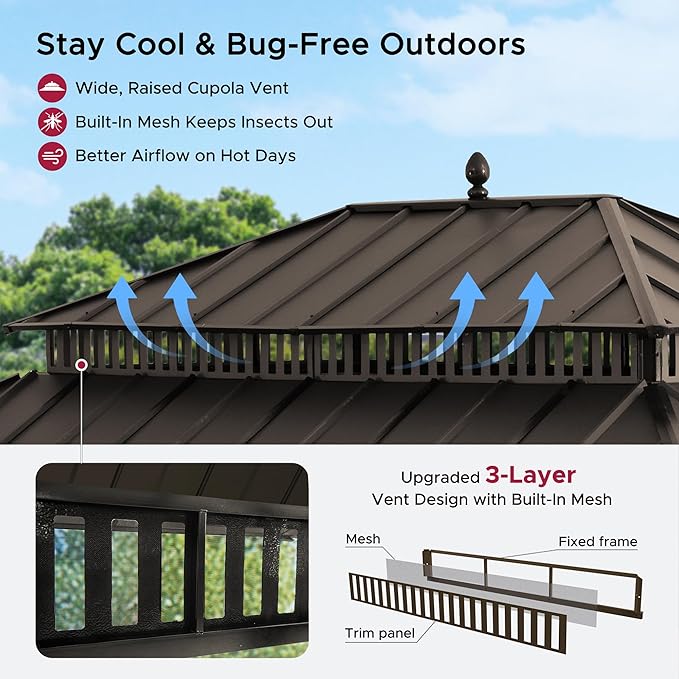 SUNJOY Kingston 16' x 12' Hardtop Gazebo with Galvanized Steel Double Roof, Curtain and Netting, Brown Aluminum Posts Permanent Pavilion Gazebo for Garden, Patio, Deck, Lawn