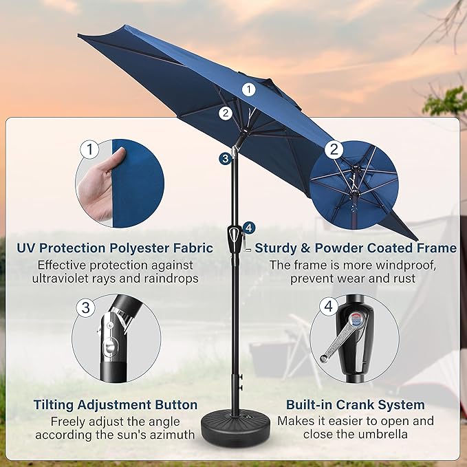 Simple Deluxe 7.5ft Patio Umbrella Outdoor Table Market Yard Umbrella with Round Umbrella Base Stand for Garden, Deck, Backyard, Pool, Blue