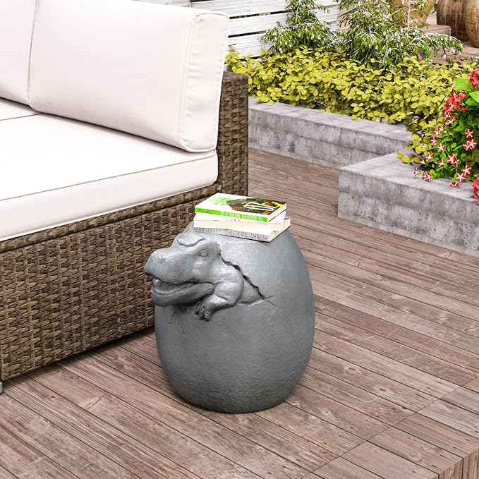 HOMPUS Outdoor Concrete Side Table Dinosaur Egg Shaped Cute Morden End Table Patio Decor Round Coffee Accent Table Garden Stool for Livingroom,Outside,Balcony,Pool (Gray)