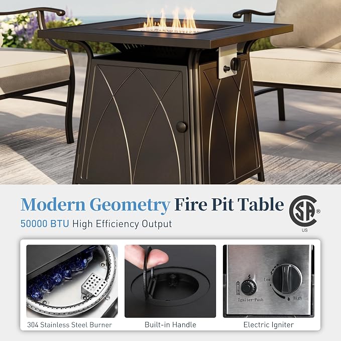 SUNSHINE VALLEY Patio Furniture Set with Firepit Table, 5 Piece Metal Outdoor Patio Furniture Set for 4, 4 Rocking Chairs with 5.75" Extra Thick Cushion and Gas Firepit Table for Backyard Deck Garden
