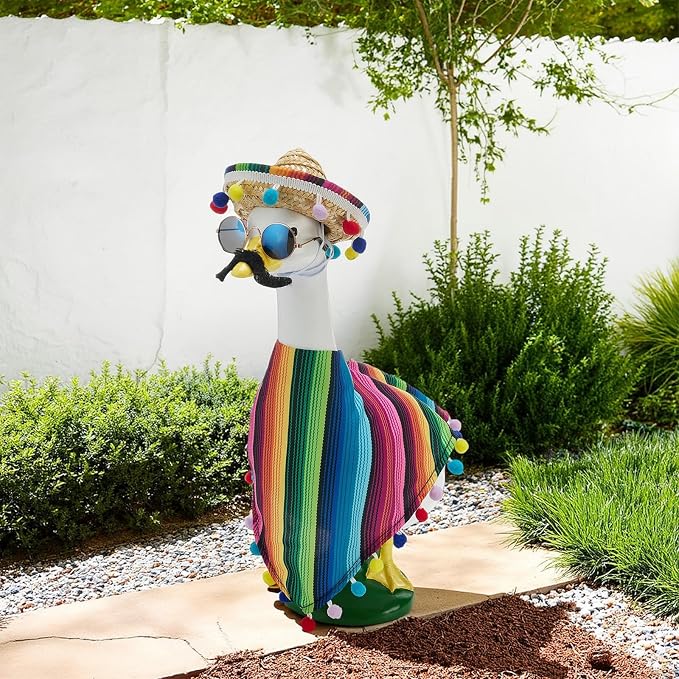 Old Lady Porch Goose Outfits Grandma Goose Clothes Glasses Curly Wig Floral Print Dress Cardign and Pearl Necklace,23'' Geese Statue Outdoor Patio Yard Lawn Decoration (Multicolor)