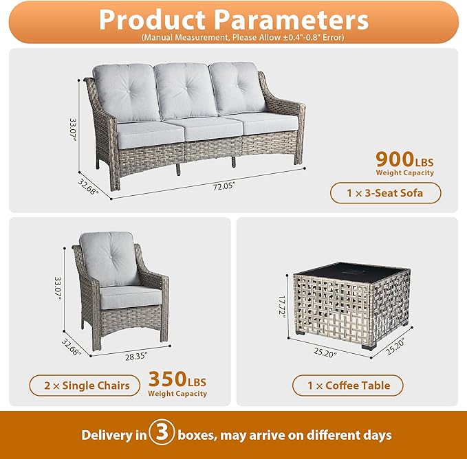 Outdoor Patio Furniture Sets, 4 PCS Patio Conversation Set Outside Rattan Sofa with Solar Light Coffee Table Comfy Cushions Fit Backyard Porch Garden Poolside Balcony,Light Grey