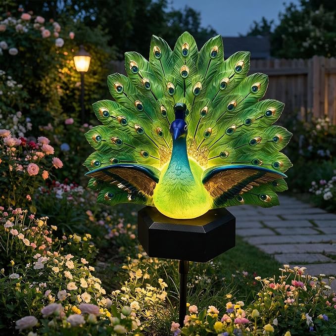 Solar Peacock Garden Sculpture, Outdoor Decor Light with Auto-On LED, Tail Statue for Yard Patio Lawn Walkway Villa Landscape Decoration Gift (This Product is a Static Sculpture.