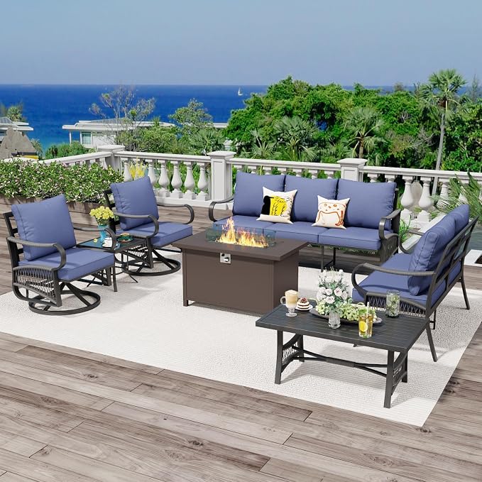 7 Piece Patio Furniture Set, All Weather Metal Outdoor Conversation Set with 50000 BTU Propane Fire Pit Table, 3 Seat Sofa, 2 Swivel Chairs and 5" Cushions for Garden, Porch, Lawn, Blue