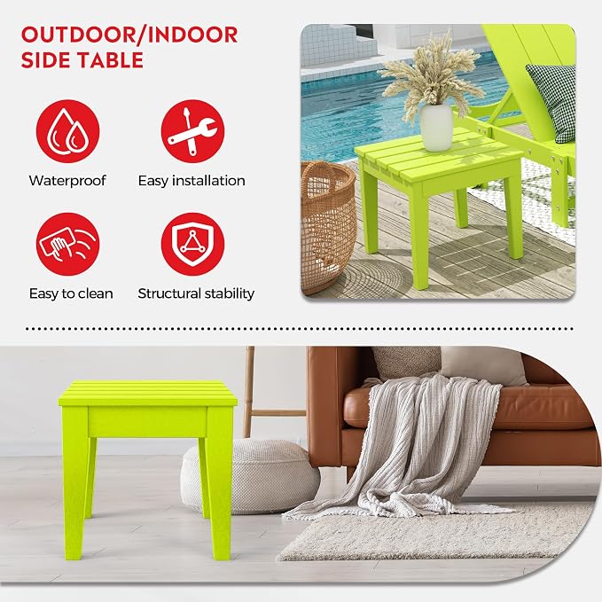Costaelm Outdoor Patio Table and Chairs Set of 2, 2-Piece HDPE Garden Chair with Square Adirondack Side Table Set, Porch Chairs Coffee Table for Outside Porch Backyard, Lime