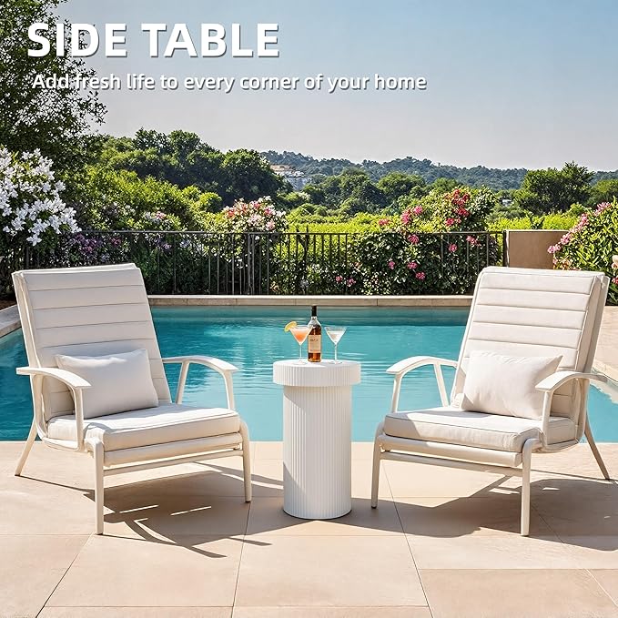 24" Pedestal Side Table, 3-in-1 Durable Lightweight Round Coffee Table, Decorative Patio Accent End Table Fluted Garden Stool Art Decor for Poolside, Balcony, Living Room, White