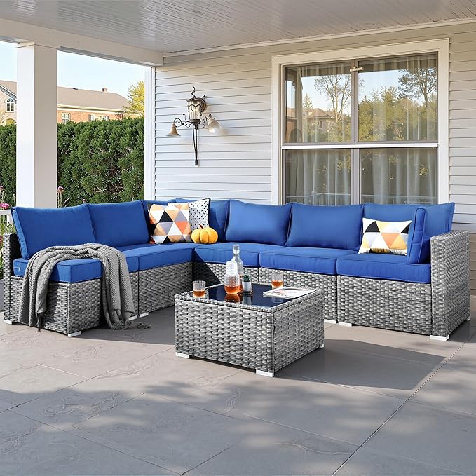 7 PCS Outdoor Patio Furniture Sets,Wicker Weather Resistant Patio Conversation Set with Comfy Cushions,Modular L Shaped Sofa with Coffee Table for Yard Backyard Porch Garden Poolside,Navy Blue
