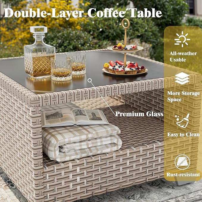 10 Pieces Patio Furniture Set, Outdoor Sectional Wicker Sofa with Thick Cushions and Storage Coffee Table, Rattan Patio Conversation Sets for Deck Yard Poolside, Black