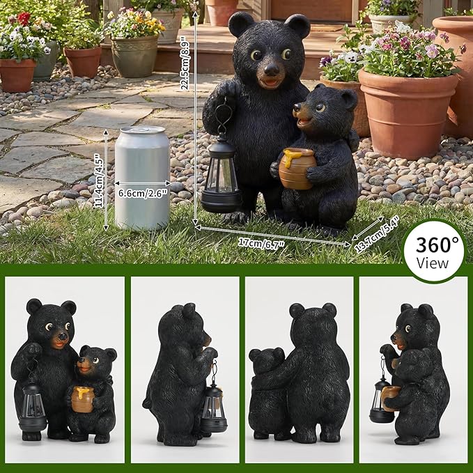 Lavezee Garden Bear Statues 8.9‘’, Mother and Baby Bear Figurines with Solar Lantern for Outdoor Porch Yard Lawn, Unique Bear Gifts for Mom Grandma Women