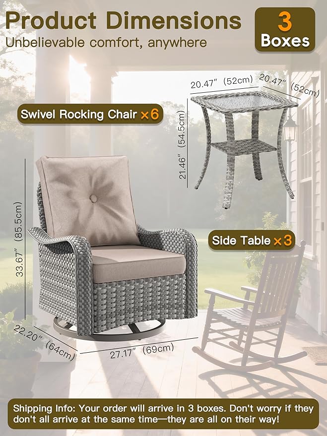 9-Piece Patio Furniture Set, Outdoor Swivel Rocking Chairs with 4" Thick Cushions & Side Table, All-Weather PE Rattan & Rust-Resistant Steel Frame Conversation Set for Porch, Garden, Backyard, Beige