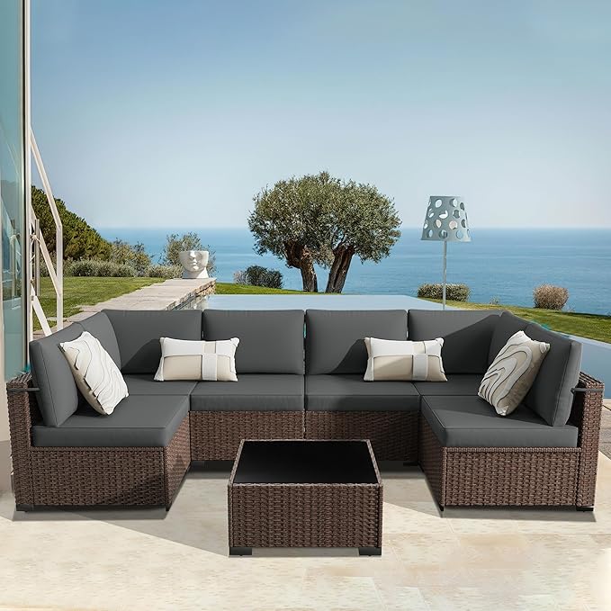 KIGOTY Patio Furniture Set,7 Pieces Modular Outdoor Sectional Sofa, PE Rattan Patio Conversation Set, All Weather Wicker Patio Furniture with Cushions and Coffee Table（Brown/Dark Grey）