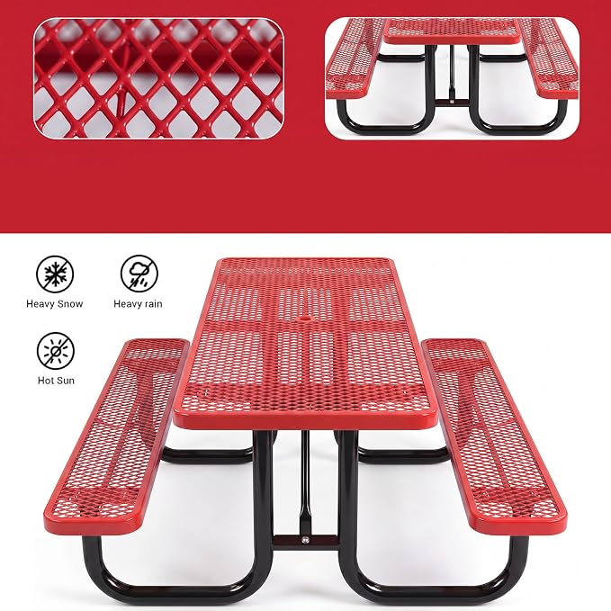 72" Rectangular Metal Picnic Table for 4-8 Person, Durable Heavy Duty Commercial Picnic Table with Umbrella Hole for Outdoor Coffee Shop, School, Hospital, Easy to Install, Red