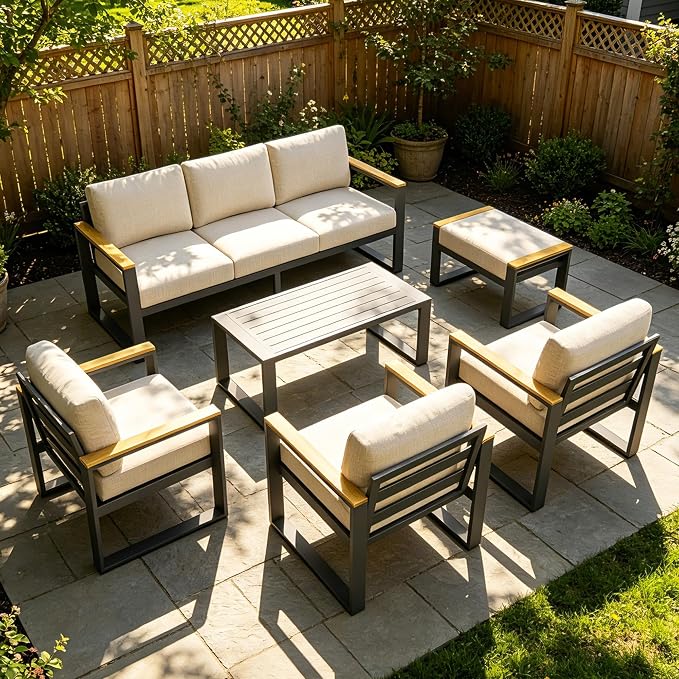 IDEALHOUSE Aluminum Outdoor Patio Furniture - 1 Pcs 3-Seat Sofa and Coffee Table, All-Weather Metal Modern Outside Furniture with Washable Thick Cushion for Balcony, Garden, Deck, Backyard,Beige