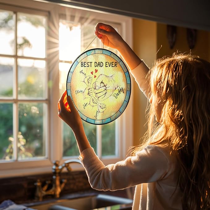 Personalized for Dad, Custom Stained Glass Window Hanging Suncatcher - Unique Gift for Papa Fathers - Best Dad Ever - Custom Gifts with Photo for Father