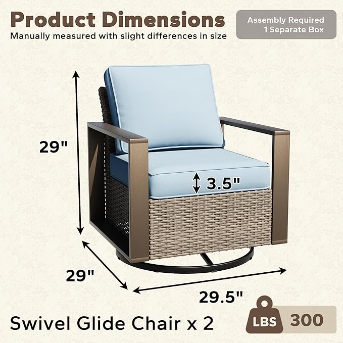 Outdoor Swivel Patio Metal Chairs Set of 2 - Porch Furniture 2 Pieces 360 Degree Glider Rockers Rattan Chairs with Washable Cushion & Metal Steel Rectangular Framed Armrest, Baby Blue