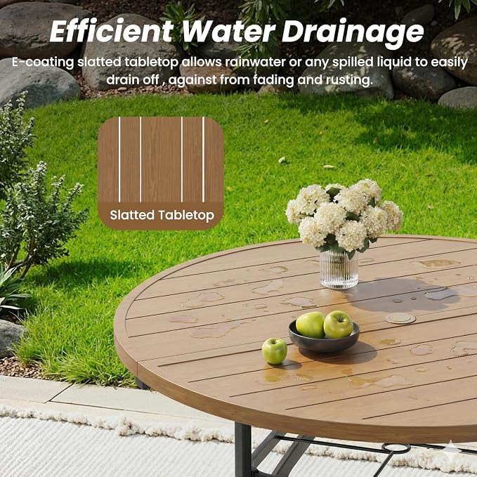 Soohow Patio Dining Set for 4, 5-piece Outdoor Dining Set 4 x Stackable Patio Chairs & 1 x Wood-Like Round Table with Umbrella Hole, All-Weather Outdoor Table and Chairs for Backyard, Balcony, Porch