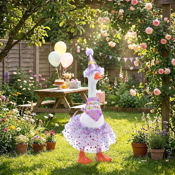Porch Goose Outfits, Birthday Goose Outfits with Glitter Tutu Skirt, Birthday Hat and Bandana Valentine Porch Gooses Outfit for 23" 17" Outdoor Statue Patio Yard Lawn Art(Purple)