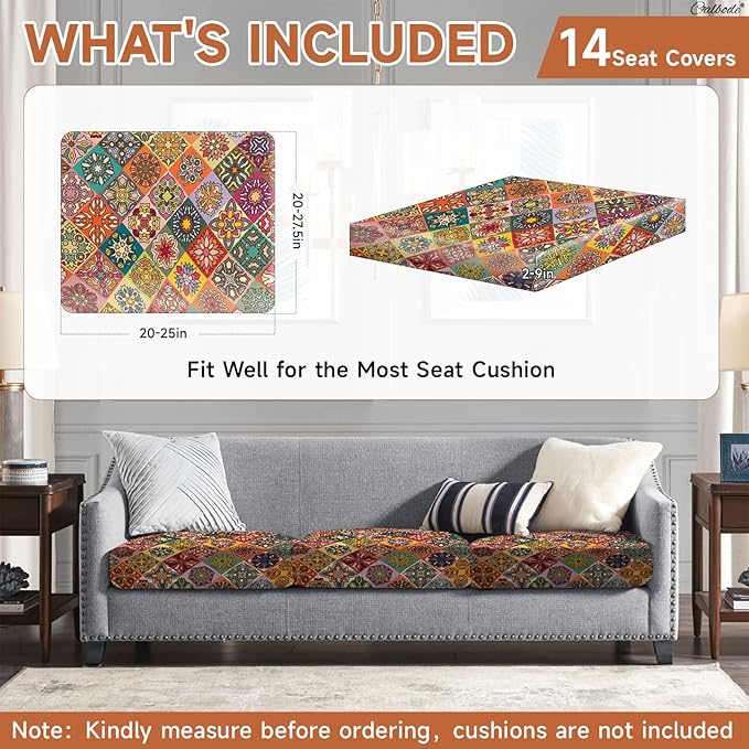 CALBODE 14Pcs Stretch Patio Cushion Cover, Bohemian Colored Geometric Pattern Couch Covers for Patio Furniture Cushions Washable Reusable Couch Covers Replacement for Fall Winter(Cover Only)