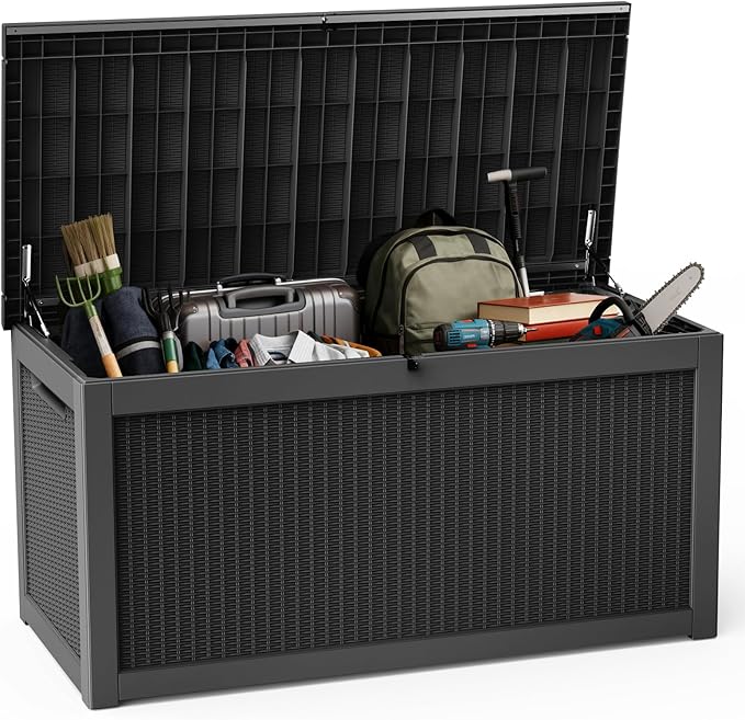 DRATO 320 Gallon Deck Box, Outdoor Large Waterproof Resin Storage Box with Lockable Lid for Patio Cushions, Gardening Tools (Black, 320 Gallon)