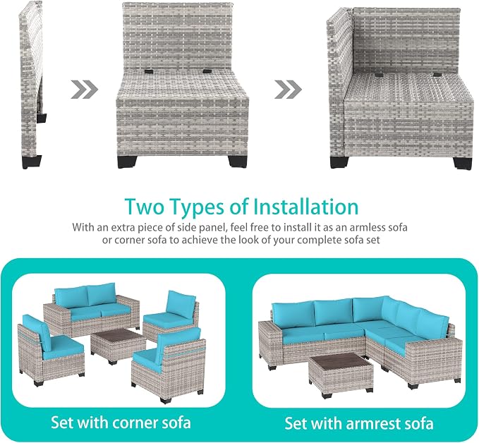 13-Piece Outdoor Patio Furniture Set with Rocking Swivel Chair, PE Wicker Rattan Sectional Sofa Patio Conversation Set with 55,000 BTU Fire Pit Table & Coffee Table, Turquoise