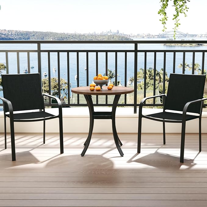 Anmutig Outdoor Bistro Set for 2, Stackable Chairs & Metal Table, Black | Weather-Resistant Textilene, Black Powder-Coated Steel Frame, Storage Shelf, Easy Assembly, Balcony, Deck, Poolside Use