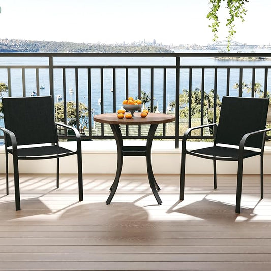 Anmutig Outdoor Bistro Set for 2, Stackable Chairs & Metal Table, Black | Weather-Resistant Textilene, Black Powder-Coated Steel Frame, Storage Shelf, Easy Assembly, Balcony, Deck, Poolside Use