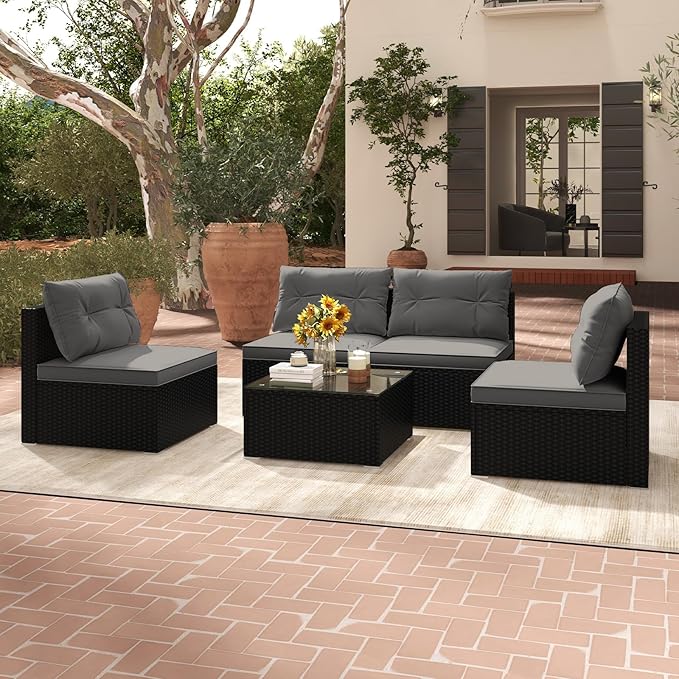 Tangkula 5 Piece Rattan Sofa Set, Outdoor Wicker Furniture Set w/Seat & Back Cushions, Square Coffee Table, Patio Sectional Sofa Set for Backyard, Poolside, Garden (Grey)