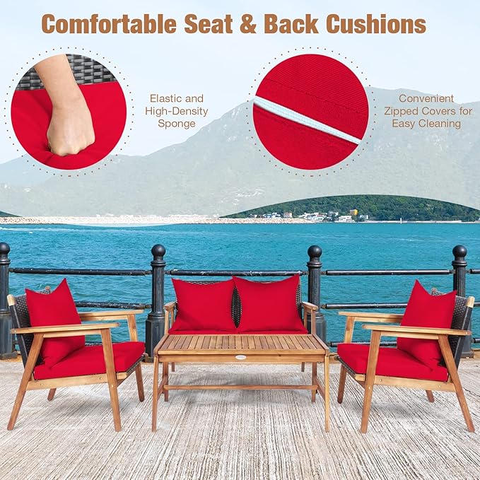HAPPYGRILL 4PCS Outdoor Rattan Sofa Set Acacia Wood Frame Conversation Set with Coffee Table, Sectional Furniture Set with Cushions for Backyard Porch Garden Poolside Balcony