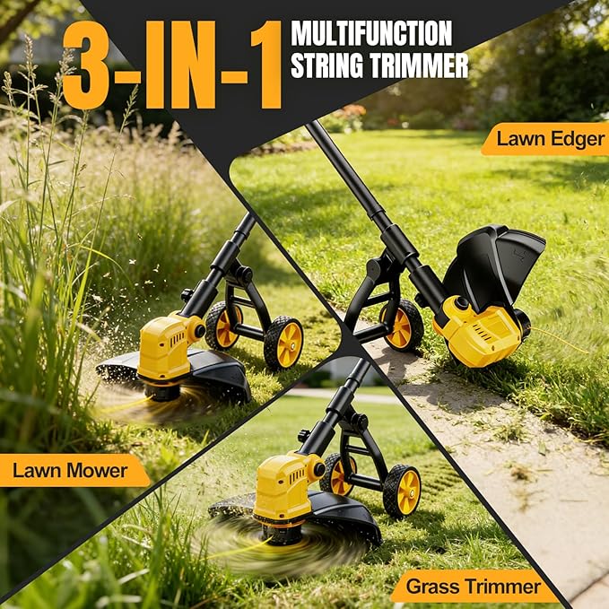 Cordless String Trimmer for Dewalt 20v Battery Powered(No Battery),3-in-1 Cordless Grass Trimmer Electric Weed Wacker Lawn Edger, Weed Eater Cordless Weed Trimmer with Wheel & 8 Spool (Yellow)