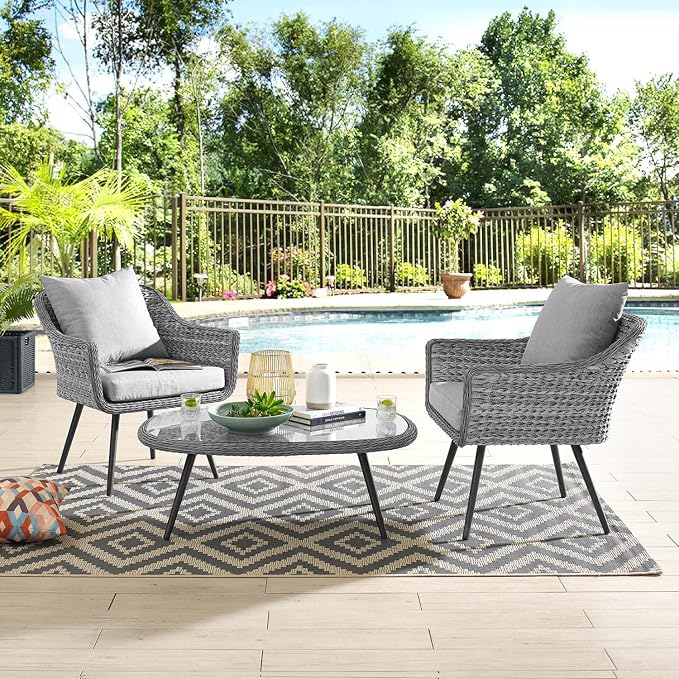 Modway EEI-3179-GRY-GRY-SET Endeavor 3 Piece Outdoor Patio Wicker Rattan Sectional Sofa Set, Gray