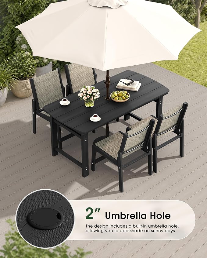 HDPE Outdoor Patio Dining Set with Table & 4 Stackable Armless Textilene Chairs, All-Weather 5-Piece Dining Table Set with Umbrella Hole, Patio Furniture for Garden, Poolside, Backyard, Deck | Black