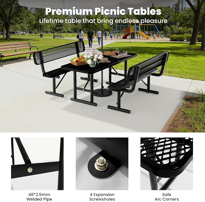 6FT Outdoor Metal Picnic Table with 2 Benches,Heavy Duty Rectangular Picnic Table Set for Outside, Waterproof Commercial Restaurant Table Furniture for Park, Campfield, Patio, Garden, Yard