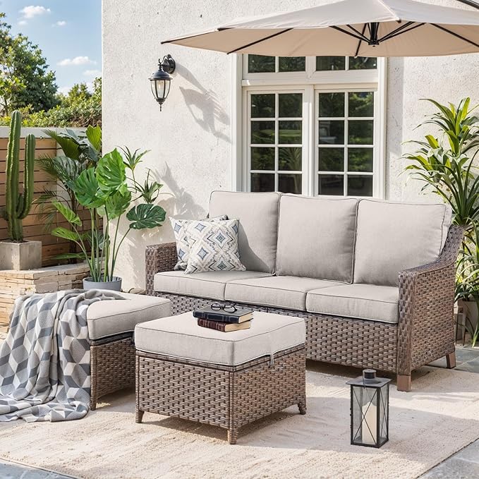 3 Pieces Patio Conversation Sets-All-Weather Wicker Sectional Couch with Ottomans for Deck Balcony Poolside Backyard-Brown/Beige