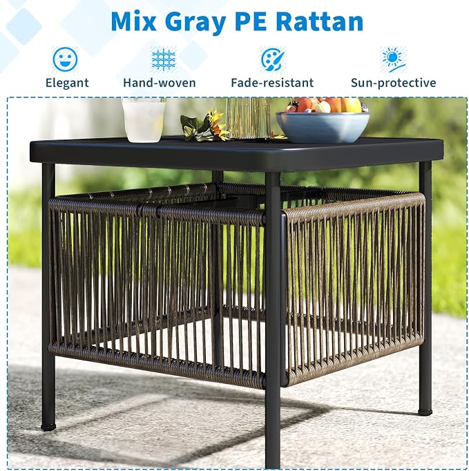 Tangkula Outdoor PE Rattan Side Table with 1.57” Umbrella Hole, Square Patio End Table with Metal Frame, Small Bistro Coffee Table for Porch, Balcony, Garden and Backyard (2)