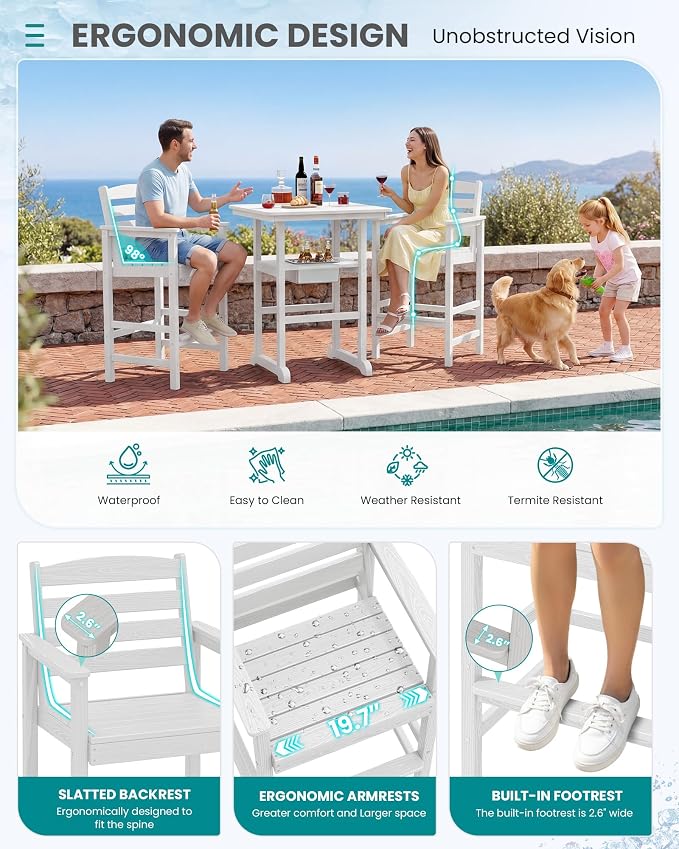 SERWALL Balcony Adirondack Chairs and Table 3 Pieces Set, HDPE Bar Height Chairs Set of 2 and Bar Table with Ice Bucket, Outdoor Bar Stools Set for Bistro, Poolside, Backyard, White