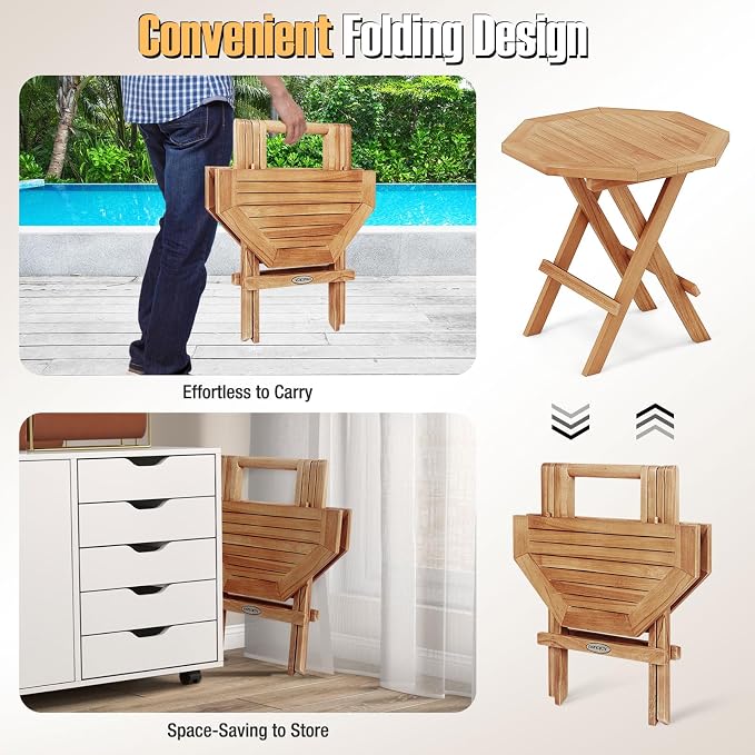 Tangkula Patio Folding Side Table, Teak Wood Octagon Coffee Table w/X-Shaped Legs & Slatted Tabletop, Portable & Compact Outdoor End Table for Backyard, Deck, Lawn