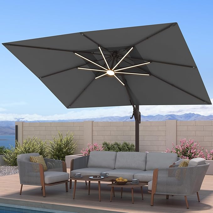 10x13 FT Patio Umbrella with LED Lights Cantilever Outdoor Large Heavy Duty Rectangle Aluminum Offset Umbrellas Double Top 360 Rotation 7 Tilt Adjustment for Pool Deck Garden, Grey