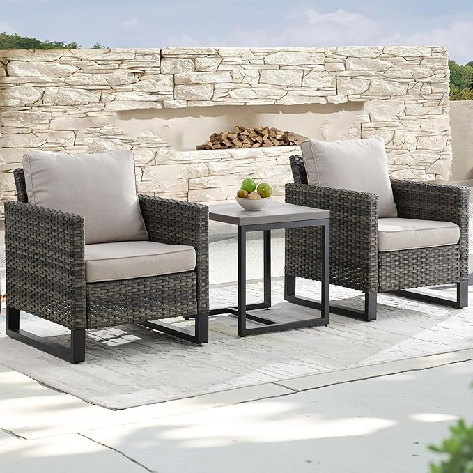 Rilyson Wicker Outdoor Patio Chairs Set - 3 Piece Rattan Patio Furniture Bistro Chairs Set with Waterproof Wicker,Comfortable Cushions and Sturdy Metal Frame for Porch Deck Backyard(Mixed Grey/Beige)