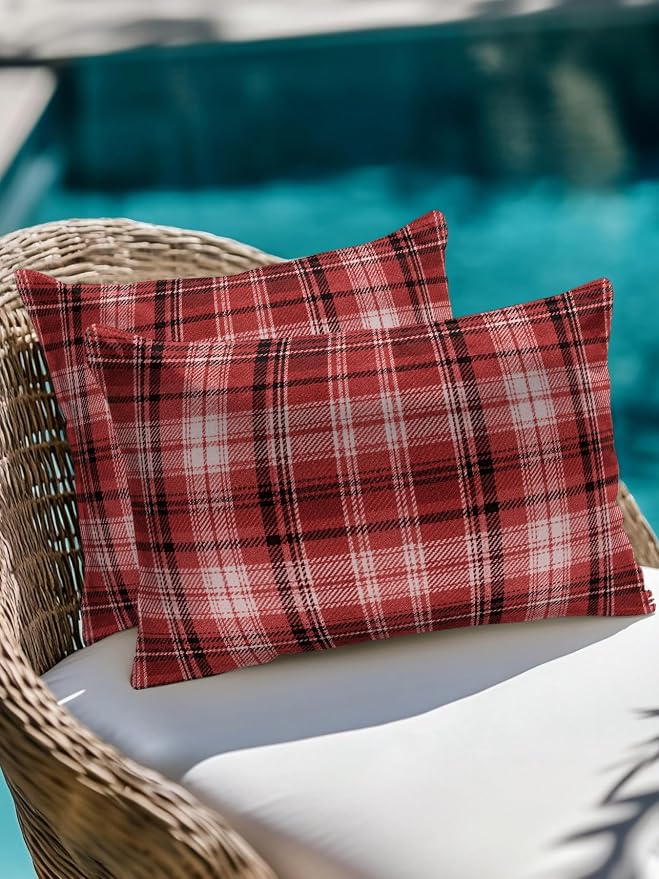 Waterproof Outdoor Pillow 1 Pack Red Checked Plaid Decorative Throw Pillows Cover & Insert 20x12 Inch Lumbar Pillowcase Stripes Woven Grid Pillows for Couch Sofa Bed Patio Furniture Indoor Outdoor