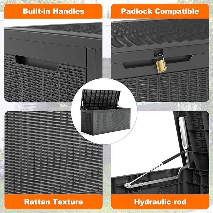 DRATO 120 Gallon Outdoor Storage Box Waterproof, Large Resin Lockable Outdoor Deck Box with Lid, Weatherproof Container for Patio Furniture Cushions, Garden Tools, Pool Accessories (Black, 120 Gallon)