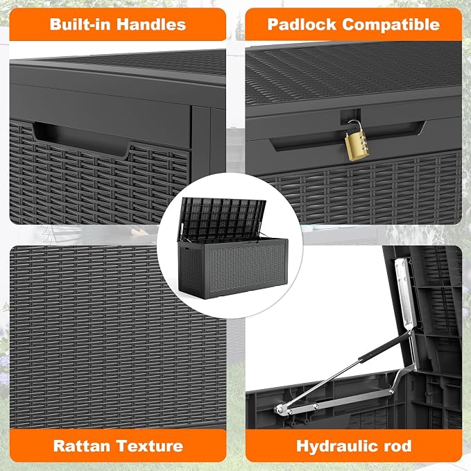 120 Gallon Waterproof Outdoor Storage Box,Lockable Large Deck Box with Lid for Packages,Weatherproof Resin Storage Bin for Patio Furniture Cushions Garden Tools Accessories(Black,120 Gallon)
