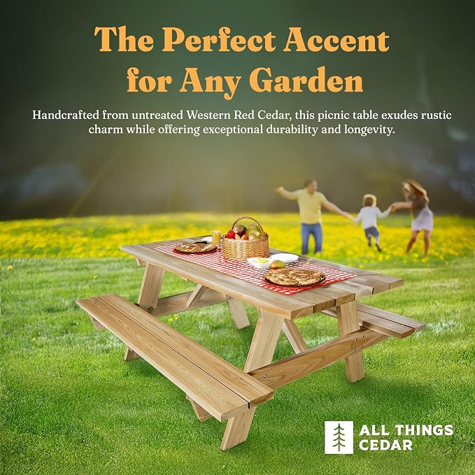 All Things Cedar 6-Ft Outdoor Picnic Table, Handcrafted Wooden Patio Bench Set, Rustic Cedar