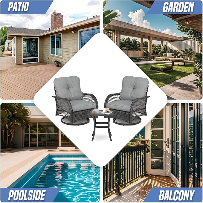 3-Piece Outdoor Patio Swivel Furniture Set, PE Rattan Patio Conversation Set with Tempered Glass Side Table for Home, Yard, Poolside