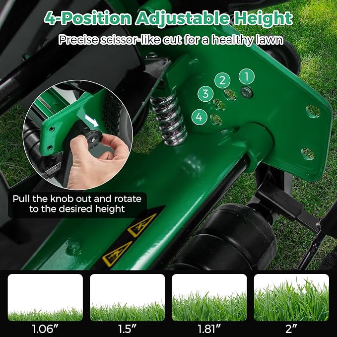 Push Lawn Mower, 14" Manual Rear Mower with 5 Steel Blades, Adjustable Cutting Heights & Grass Catcher Bag, Walk-Behind Grass Cutter Lawn Sweeper for Garden, Park & Yard (Green)