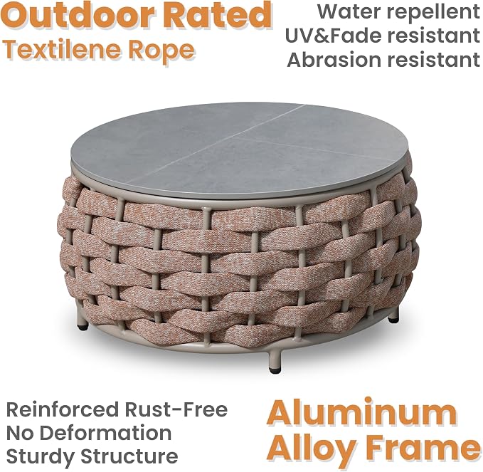 Short Round Patio Coffee Table: Hand Woven Rope Side Tables Assembled - Aluminum Outdoor Accent Table Modern - Metal Porch Furniture for 176lbs Deck Garden Balcony Hotel φ25.6''/65cm, Terracotta